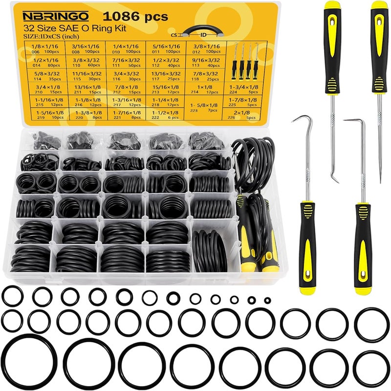 NBRINGO 1086 SAE PCS O-Rings Assortment Kit with 4 Pick & Hook Tools - 32 Sizes Buna-N O Ring Set Compliant with AS568 Standards,Ensure Leak-Proof Seals for Hydraulic, Plumbing & Automotive Repairs - Image 1